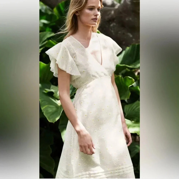 Tory Burch Susanna Daisy Print Flutter Sleeve Sheer Midi Dress Sz 8 - Picture 3 of 16